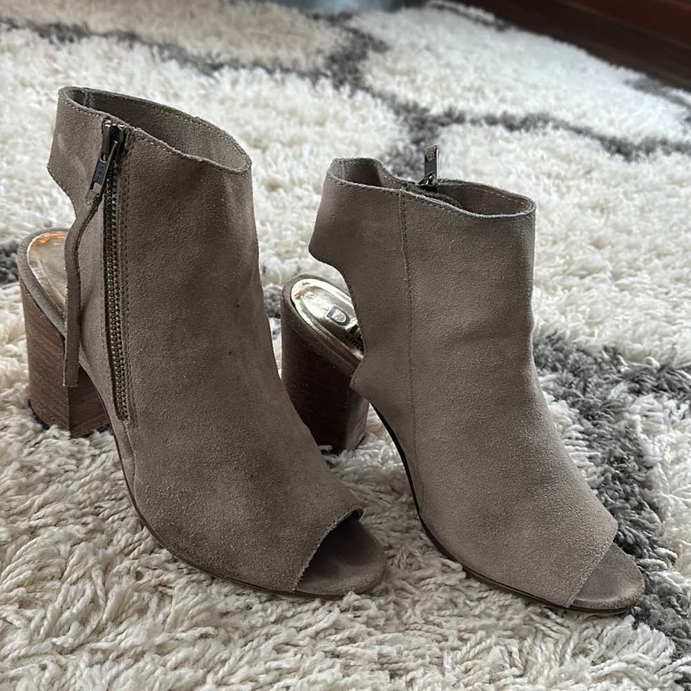 Diba grey suede peep toe sling back booties